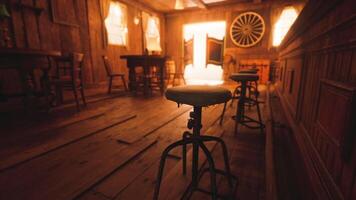 CGI Interior of a rustic saloon with wooden furniture and soft lighting video