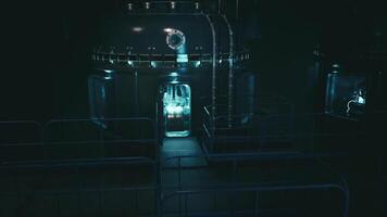 CGI Exploring a dark sci fi lab with glowing tech and advanced gear video