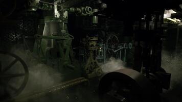 CGI Industrial machinery shrouded in mist within an abandoned factory at night video