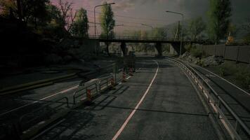 CGI Road construction project on a highway near a bridge in a mountainous area video