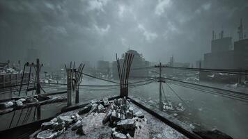 CGI Desolate urban landscape under stormy sky with power lines and snow video