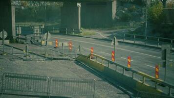 CGI Road closure due to construction work near a highway bridge in a rural area video
