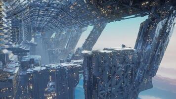 CGI Futuristic cityscape soaring in the sky with intricate architecture and lights video