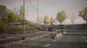 CGI Urban landscape showing abandoned road and construction barriers in autumn video
