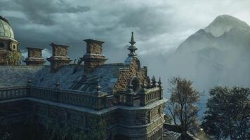 CGI Mysterious castle ruins surrounded by mountains and cloudy skies video