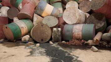 CGI Abandoned industrial site with rusty barrels and spilled liquid in daylight video