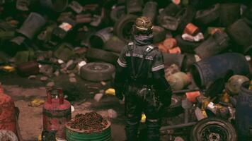 CGI Worker observing a chaotic waste site filled with discarded materials video