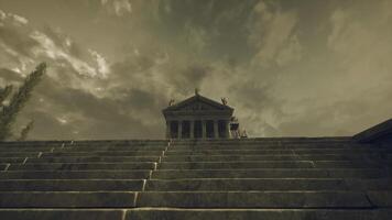 CGI Steps leading to an ancient temple under a dramatic sky at dusk video