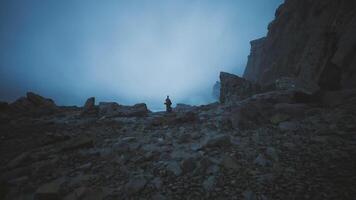CGI Lonely figure standing amidst rocky landscape on a misty evening video