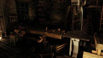 CGI Rustic workshop interior filled with tools and wooden furniture in dim light video