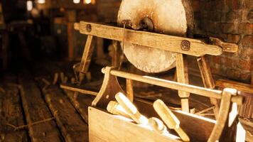 CGI Traditional woodworking tools and equipment in a rustic workshop video