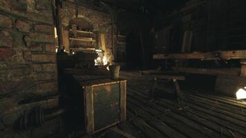 CGI Dark, rustic workshop with wooden tools and shelves illuminated by dim light video