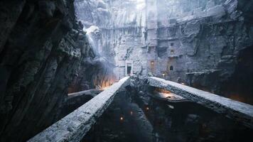 CGI Ancient ruins with wooden bridges illuminated by soft light video