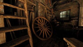 CGI A rustic workshop filled with wooden wheels, tools, and shelves video