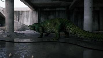 CGI Crocodile exploring an abandoned structure near water at dusk video