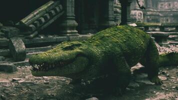 CGI Crocodile resting in overgrown ruins at twilight video