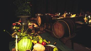 CGI A lavish banquet table adorned with diverse food and beverages in soft lighting video