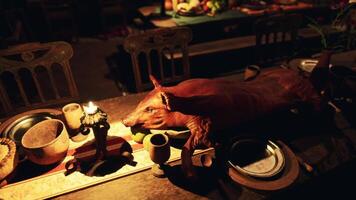 CGI A banquet table filled with various food and drinks including roasted pig video