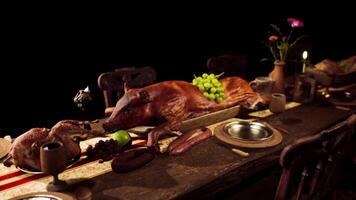 CGI A lavish feast featuring various foods and drinks on a rustic wooden table video