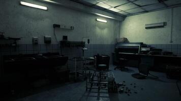 CGI Abandoned surgical room with dim lighting and scattered debris at night video