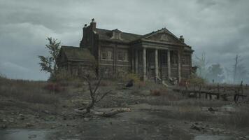 CGI Mysterious abandoned mansion surrounded by desolate landscape in gloomy weather video