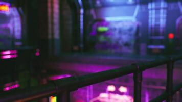CGI Vibrant neon lights illuminate a futuristic indoor space at night video