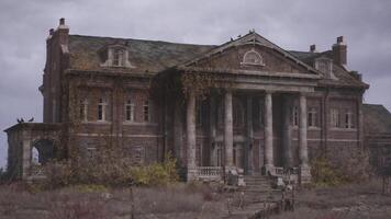 CGI Abandoned mansion with overgrown vines and dark clouds in the background video