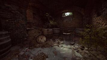 CGI Old cellar with barrels and overgrown plants in a rustic setting video