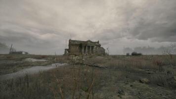 CGI Abandoned mansion stands alone in a desolate landscape under cloudy sky video