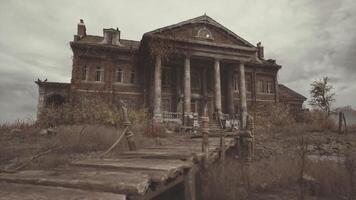 CGI Abandoned mansion surrounded by overgrown vegetation in a gloomy landscape video