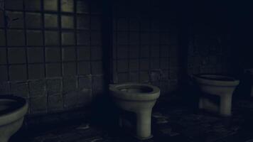 CGI Abandoned restrooms with broken fixtures in a dimly lit hallway video
