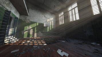CGI Abandoned gymnasium with sunlight casting shadows on the floor video