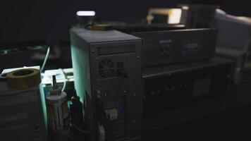 CGI Detailed view of vintage computer equipment in a dimly lit room video