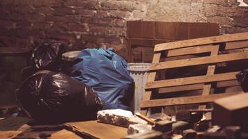 CGI Unkempt storage area with garbage bags and wooden pallets in dim lighting video