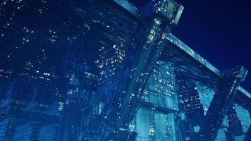 CGI Futuristic cityscape hovering in the sky with glowing structures at night video