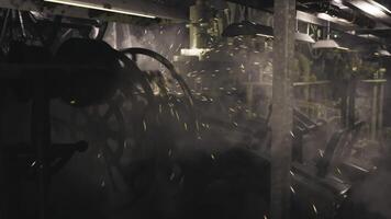 CGI Industrial machinery operates in a dimly lit factory setting with sparks flying video
