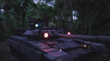 CGI Armored tank positioned in dense jungle environment during twilight hours video