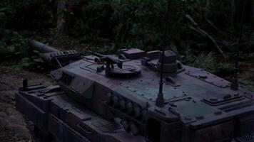 CGI Tank camouflaged in dense jungle during twilight hours video