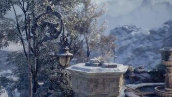 CGI Elegant lantern stands amidst winter landscape with snow covered trees video