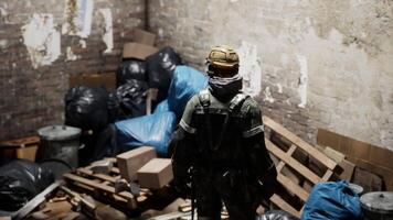 CGI Worker in protective gear surveys a cluttered industrial area during daylight video