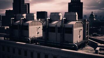 CGI Urban skyline with cooling towers, clouds, and skyscrapers by day video