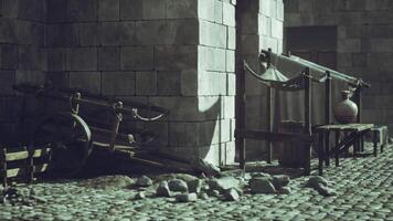 CGI Old stone marketplace with rustic carts and abandoned goods in shadow video
