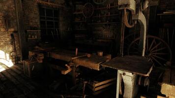 CGI Workshop interior with tools and woodworking equipment in natural light video