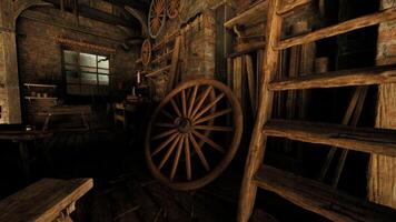 CGI Rustic workshop filled with wooden tools and old fashioned wagon wheel video