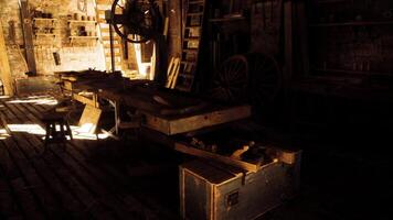 CGI Woodworking workshop filled with tools and rustic furnishings in warm light video