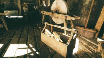 CGI Tools and workspace in a rustic shop filled with warm sunlight video