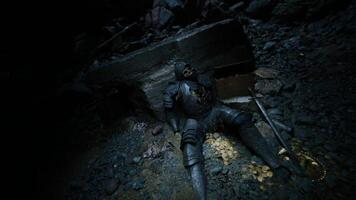CGI Dead knight resting in a cave surrounded by ancient treasures video
