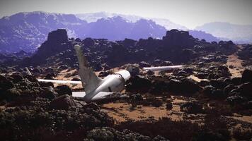CGI Plane crash site in rugged terrain showcasing wreckage amidst rocky landscape video