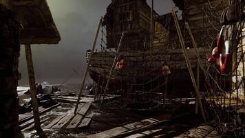 CGI Abandoned fishing village with deteriorating pier and boats at dusk video
