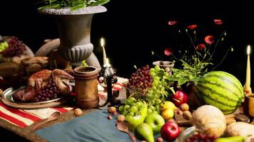 CGI An array of colorful foods and drinks beautifully arranged on a table video